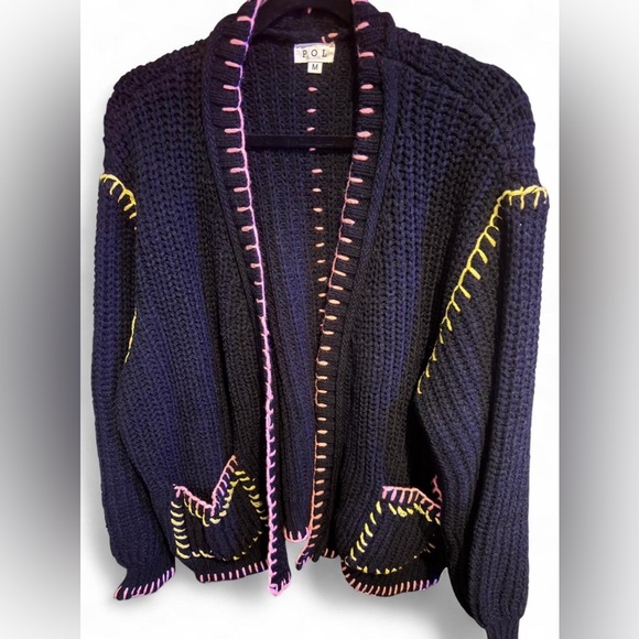 POL Medium Black Chunky Knit Crochet Cardigan Pink & Yellow Whip Stitching NWOT - Picture 3 of 10